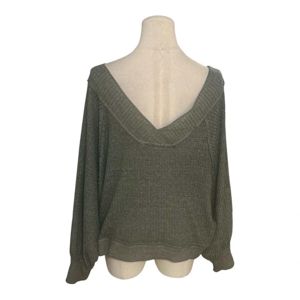 FREE PEOPLE Westend Thermal Top Shirt Size XS Oversized Army Green‎ Casual Boho